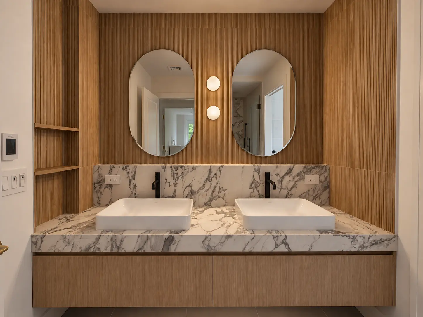Wood and stone detailing in a residential bathroom